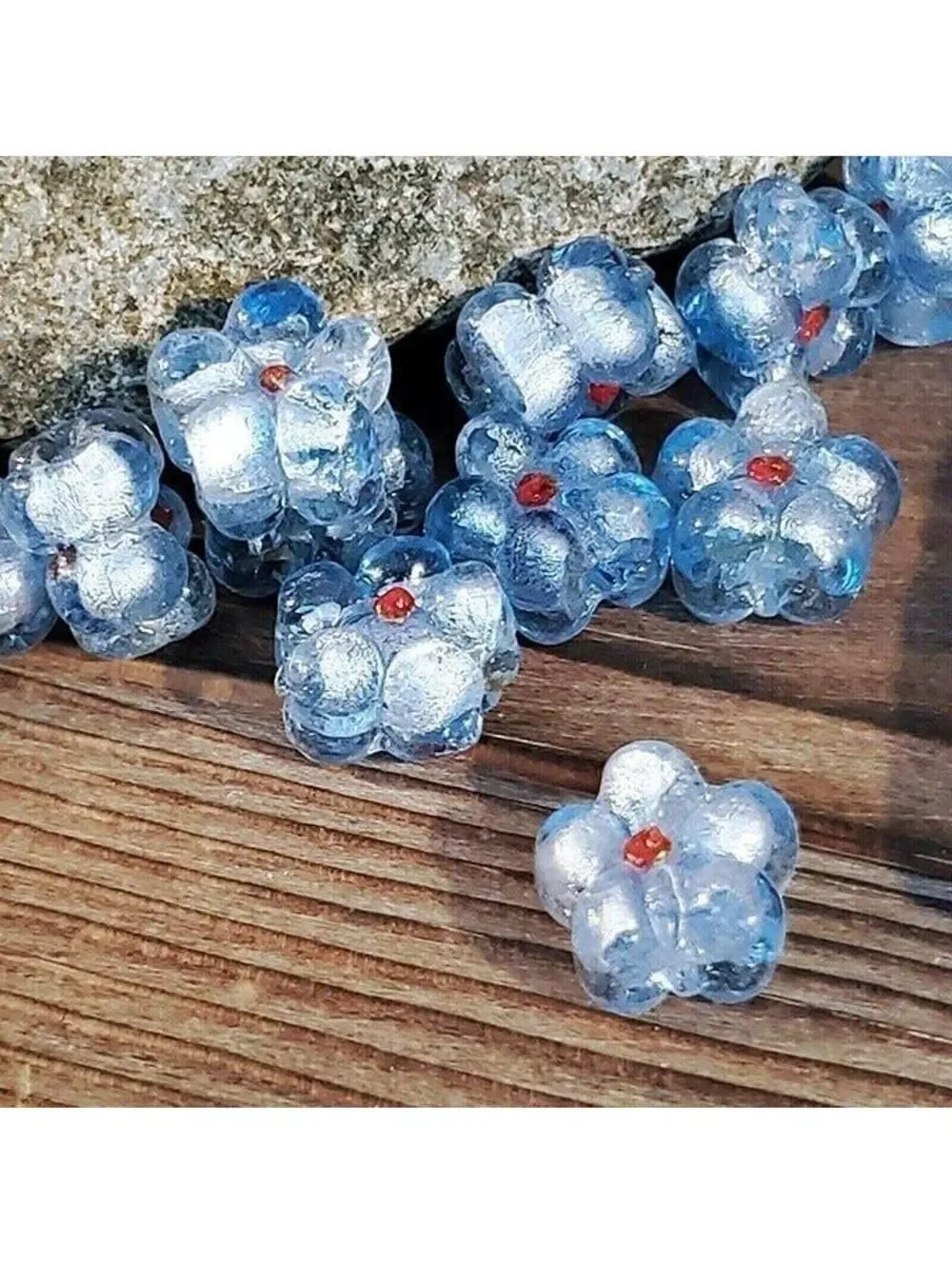 5 Vintage India Glass Icy Blue Flower Beads with Silver Foil